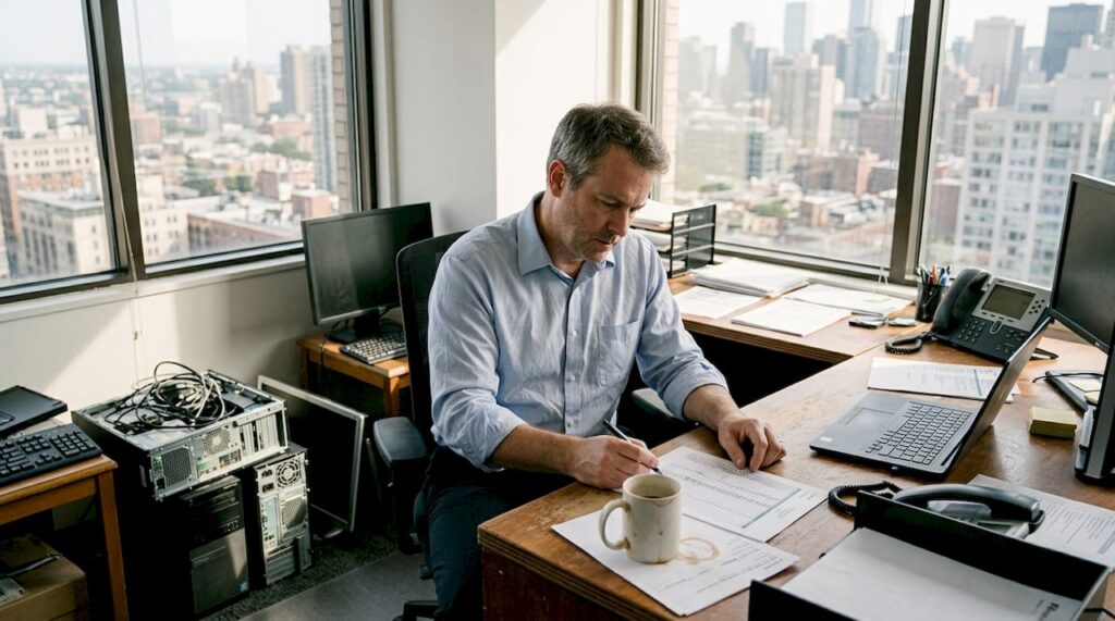 IT manager reviews e-waste inventory list