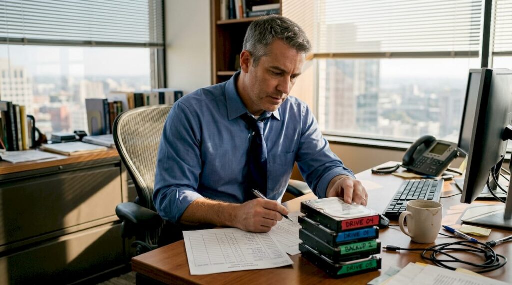 IT manager auditing hard drive destruction records