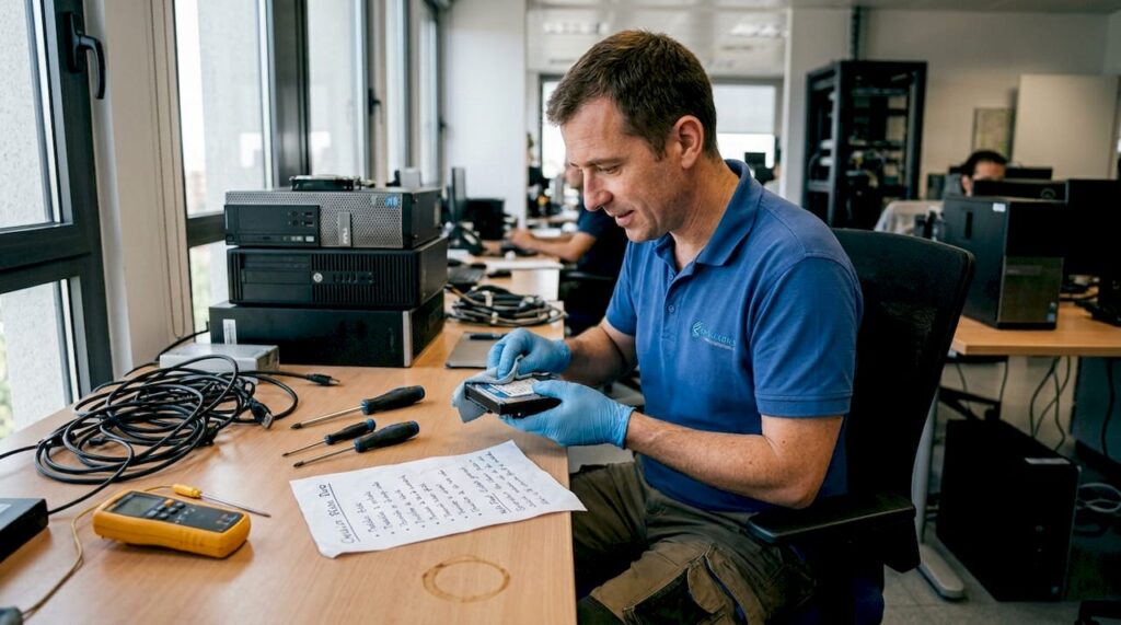 Un especialista de soporte técnico realiza una revisión de los discos duros en la sala de informática.