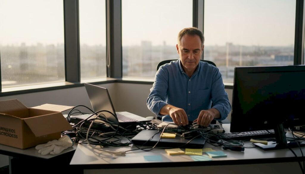 Trabajador organizando aparatos electrónicos para su reciclaje