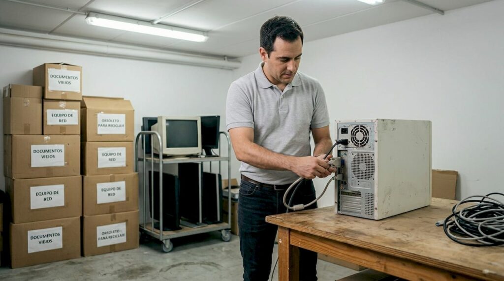 Responsable de informática preparando un ordenador antiguo para su baja