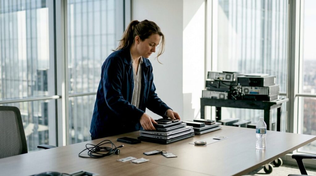 Worker sorting old laptops and phones for recycling