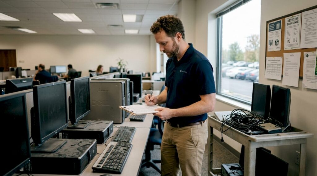 IT manager reviews old computers for recycling