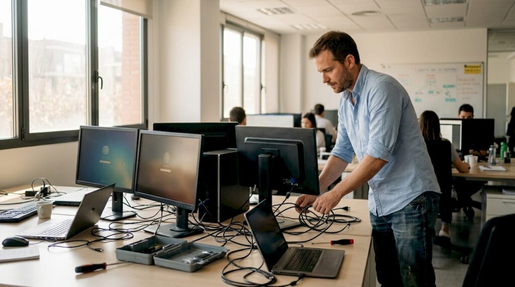 Especialista en informática revisando y organizando los ordenadores antiguos de la empresa.