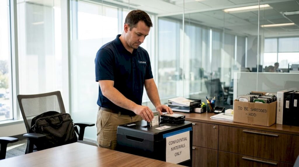 Technician using shredder for device destruction onsite
