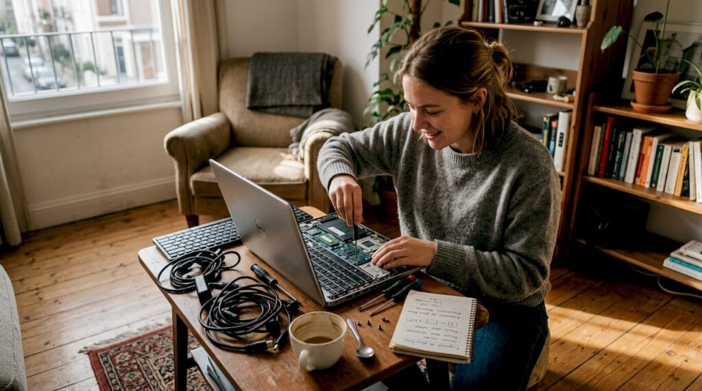 Una mujer poniendo a punto una laptop usada en casa
