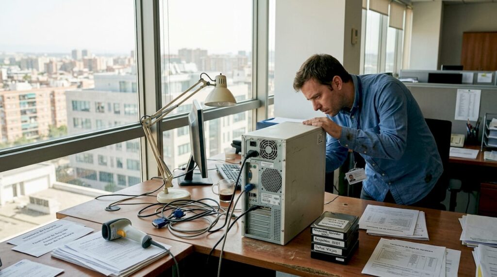 Responsable de informática revisando un ordenador antiguo para intentar recuperar la información.