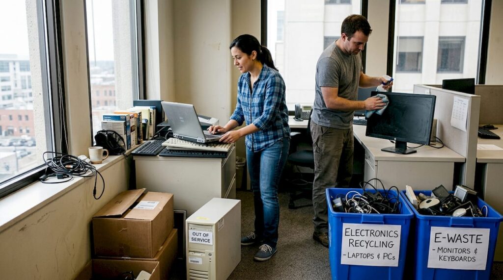 Staff sorting e-waste for recycling in office
