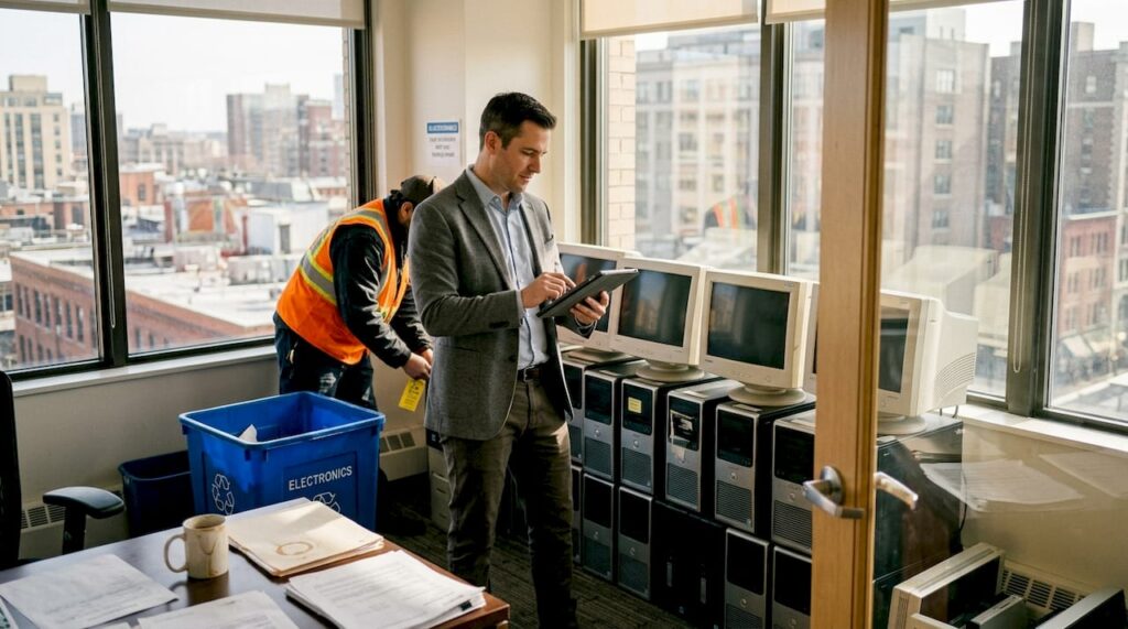 IT manager preparing outdated tech for e-waste pickup
