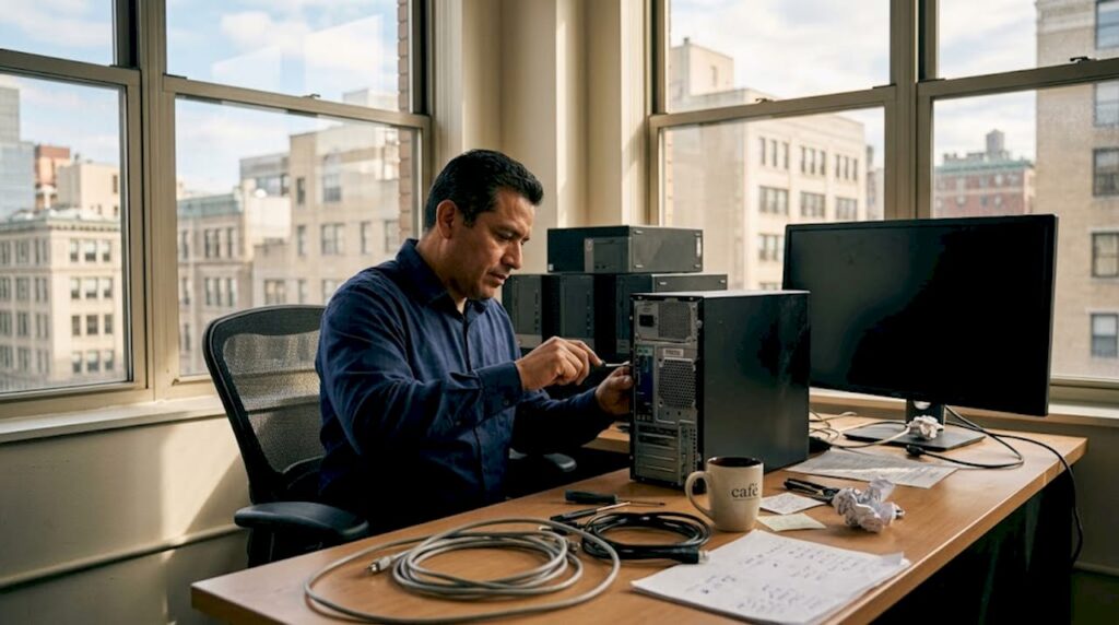 Especialista técnico realizando la revisión de ordenadores reacondicionados en el área de trabajo