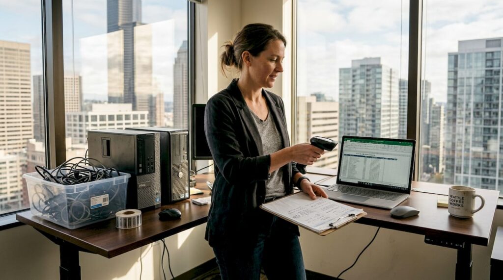 IT manager documents e-waste tracking at standing desk