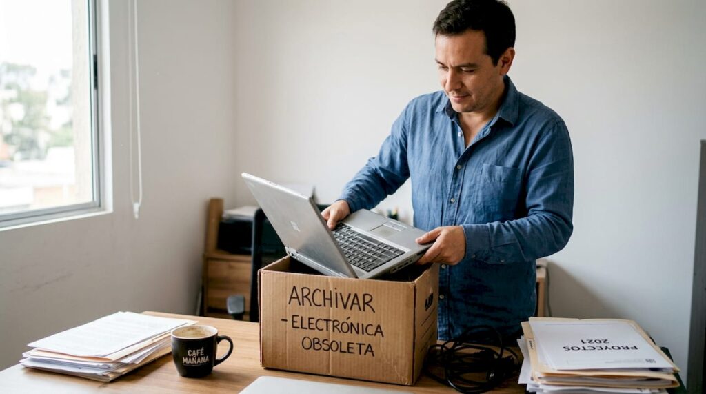 Un hombre guarda una vieja laptop en su despacho en casa.