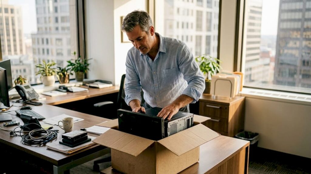 IT manager packing old devices for disposal