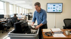 IT manager sorting used equipment for secure recovery