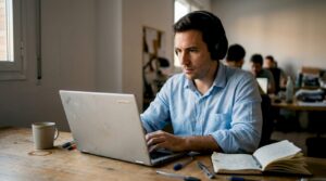 Empleado de oficina utilizando un portátil reacondicionado