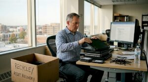IT manager boxing old hardware for secure recycling