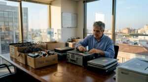 Responsable de informática organizando la recogida y clasificación de residuos electrónicos para su reciclaje.