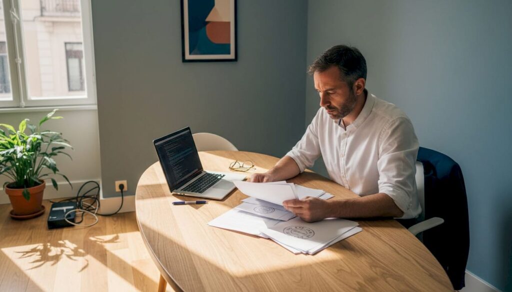 Profesional revisando y gestionando archivos digitales en su puesto de trabajo