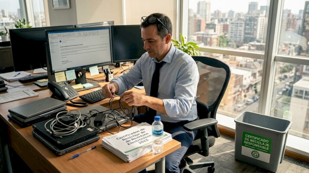 El responsable de informática organiza los equipos electrónicos para su reciclaje.