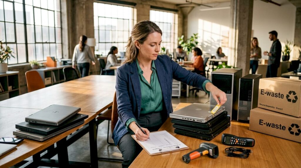 Professional sorts IT equipment for disposal