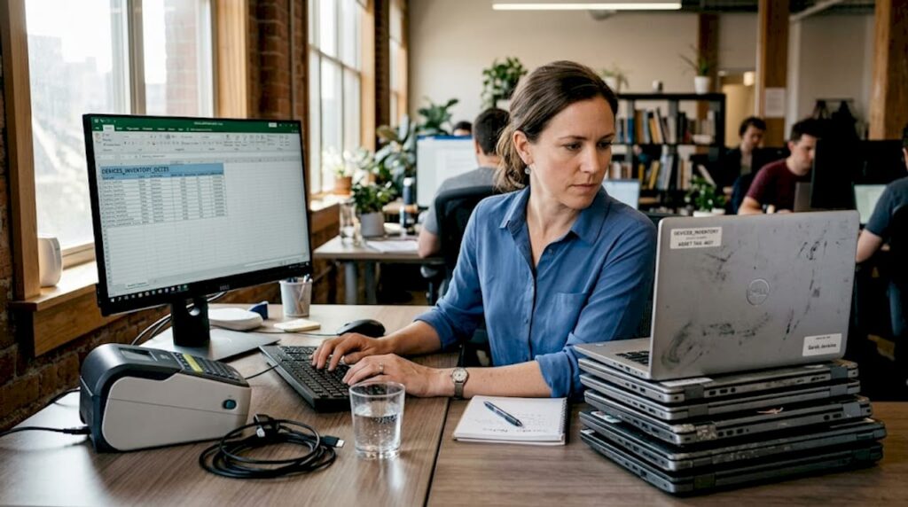 IT manager inspects used laptops desk