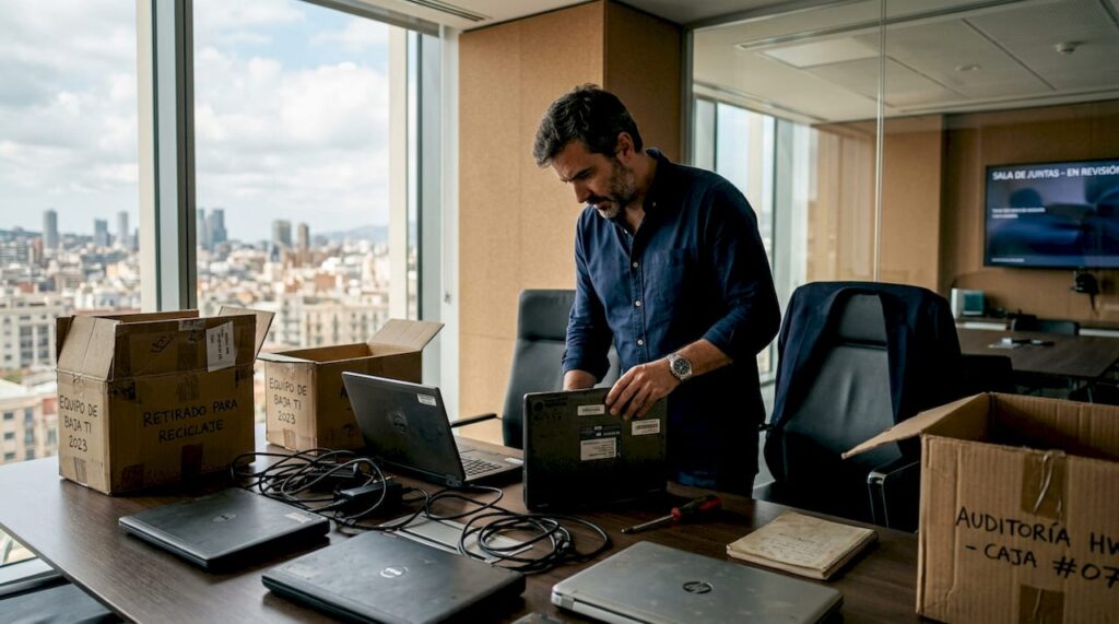 Profesional evaluando equipos informáticos antes de su reciclaje