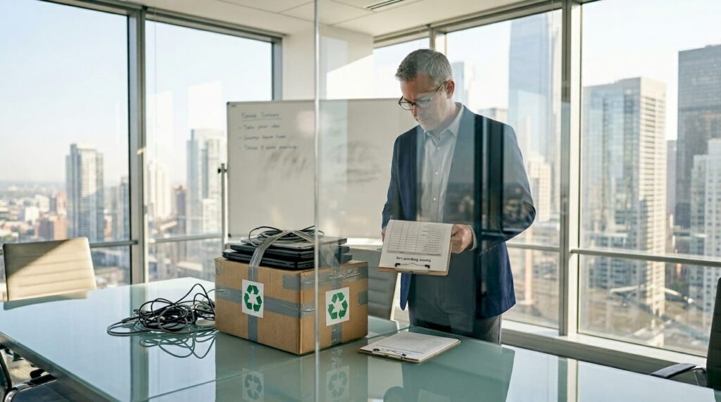 IT manager reviewing eco-friendly device disposal