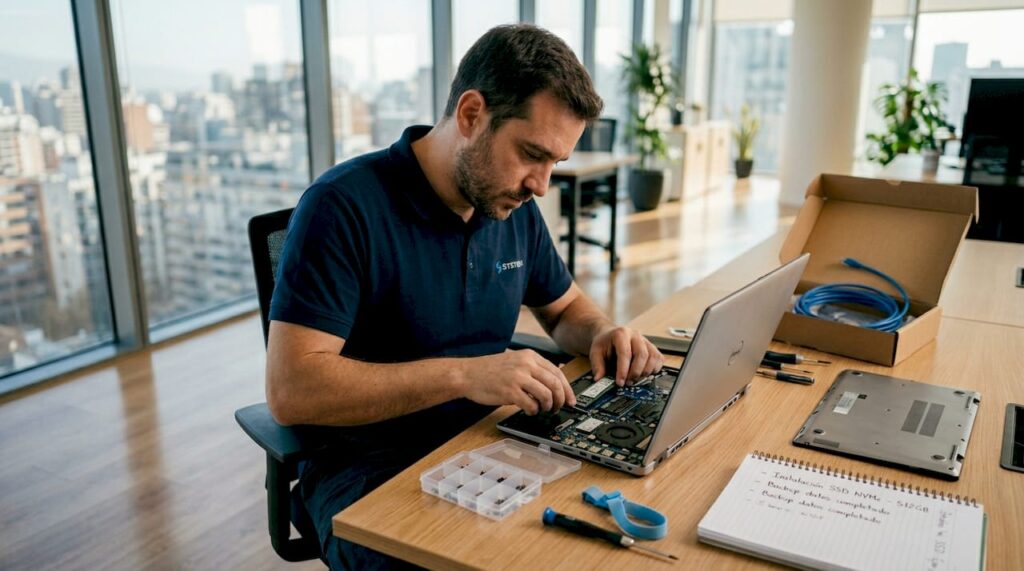 Especialista en informática poniendo a punto un portátil en una oficina con mucha luz natural.