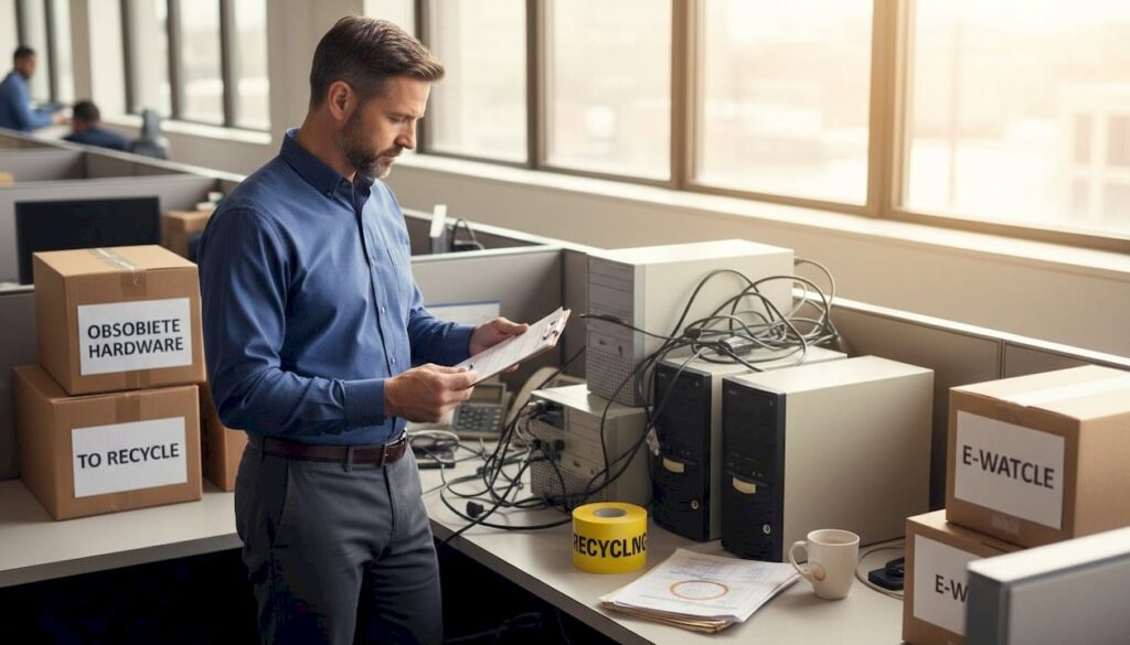 IT manager checks recycling compliance paperwork