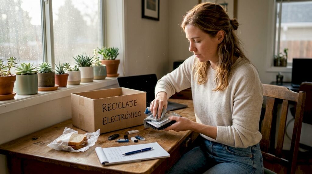 Mujer preparando un disco duro en su despacho para reciclarlo de forma segura