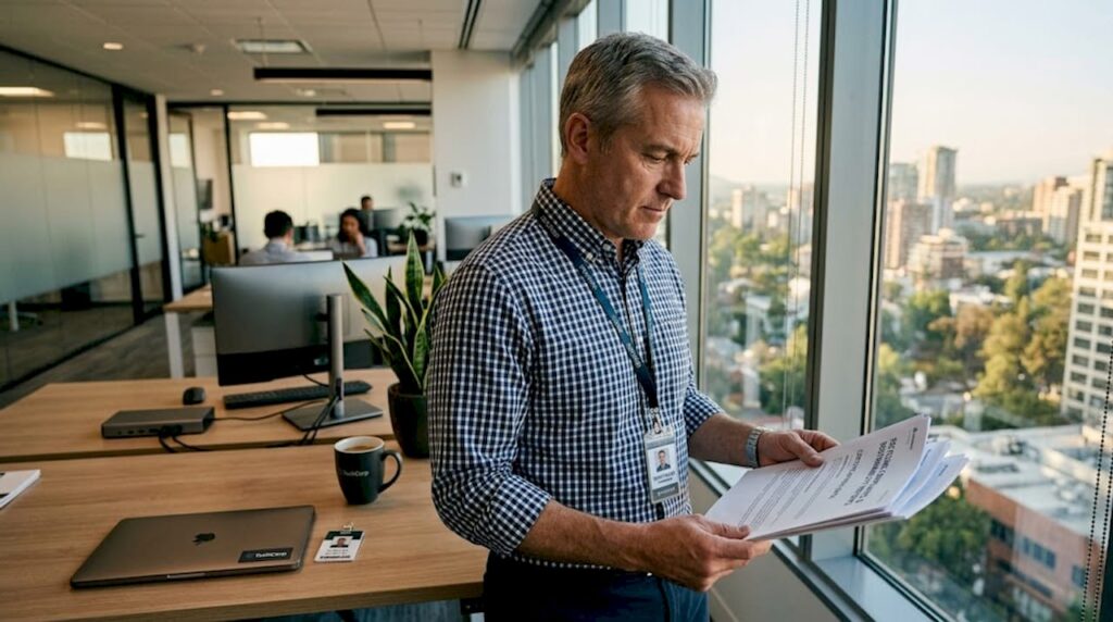IT manager reviewing recycling compliance paperwork