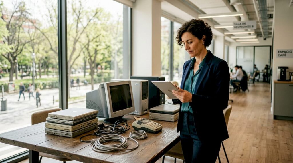 El responsable de la empresa supervisa los dispositivos electrónicos para su reciclaje.