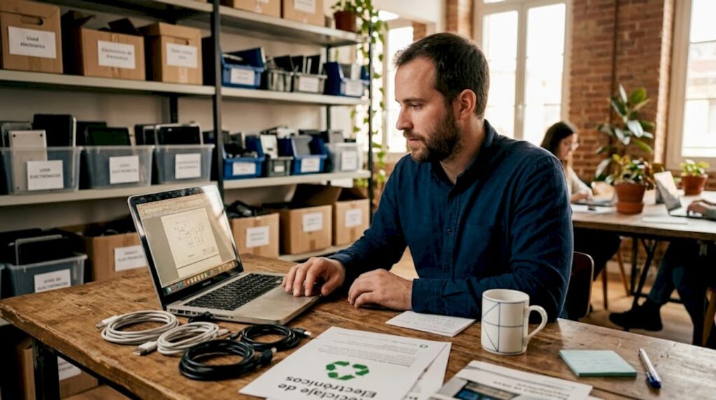 Un trabajador inspecciona dispositivos electrónicos antes de su reciclaje