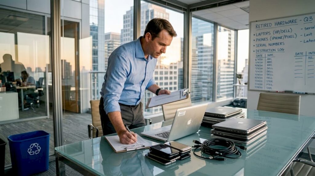 IT manager organizing e-waste for secure disposal