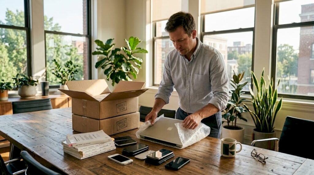 Man packing electronics for business donation