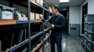 IT manager auditing secure e-waste storage room