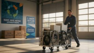 Technician moving e-waste to secure recycling