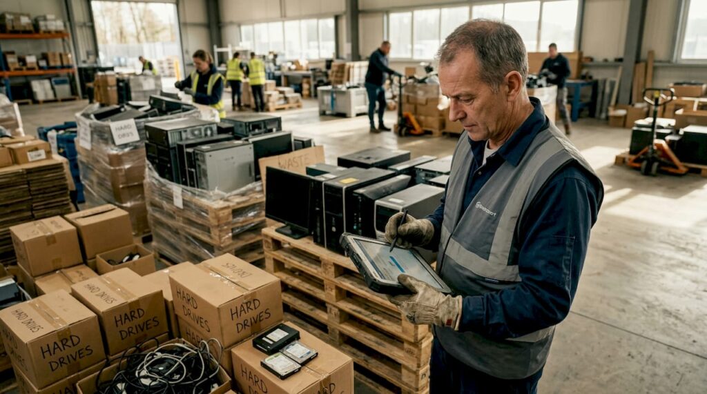 Supervisor tracks e-waste computers in warehouse