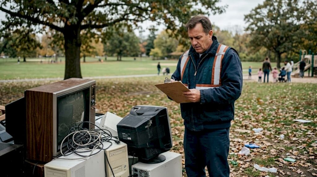 Worker checks e-waste pile at landfill