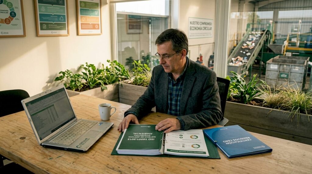 Especialista revisando la documentación de normas ISO para procesos de reciclaje.