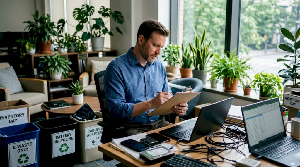 IT manager checks asset list in cluttered office