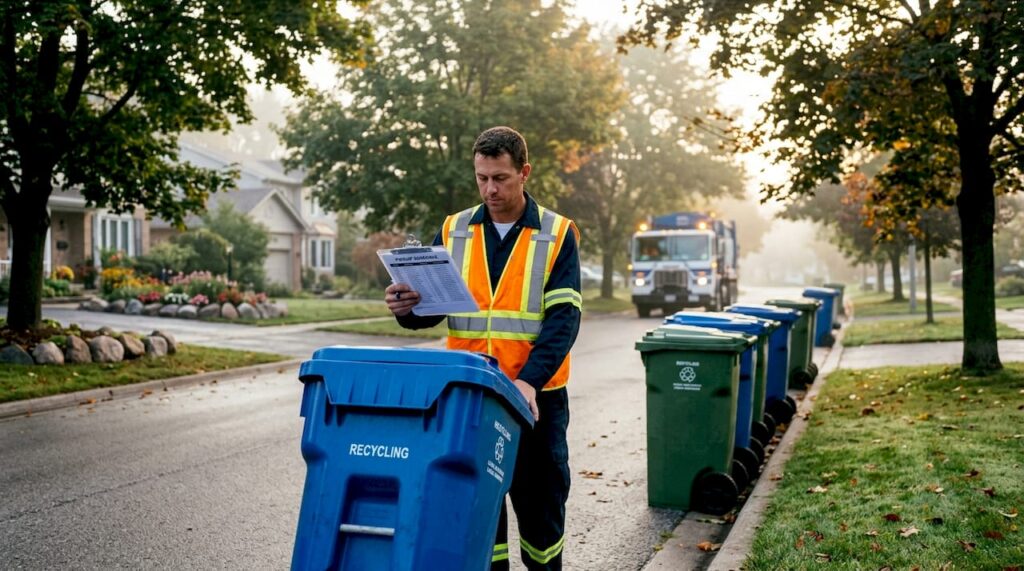 Worker collecting recycling curbside in suburb