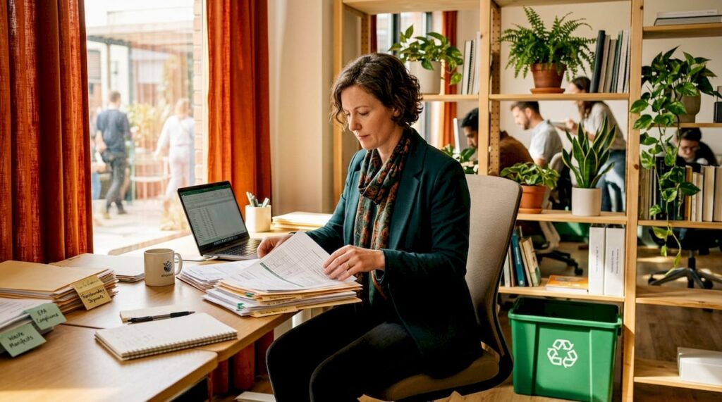 Manager reviewing e-waste compliance documents at desk