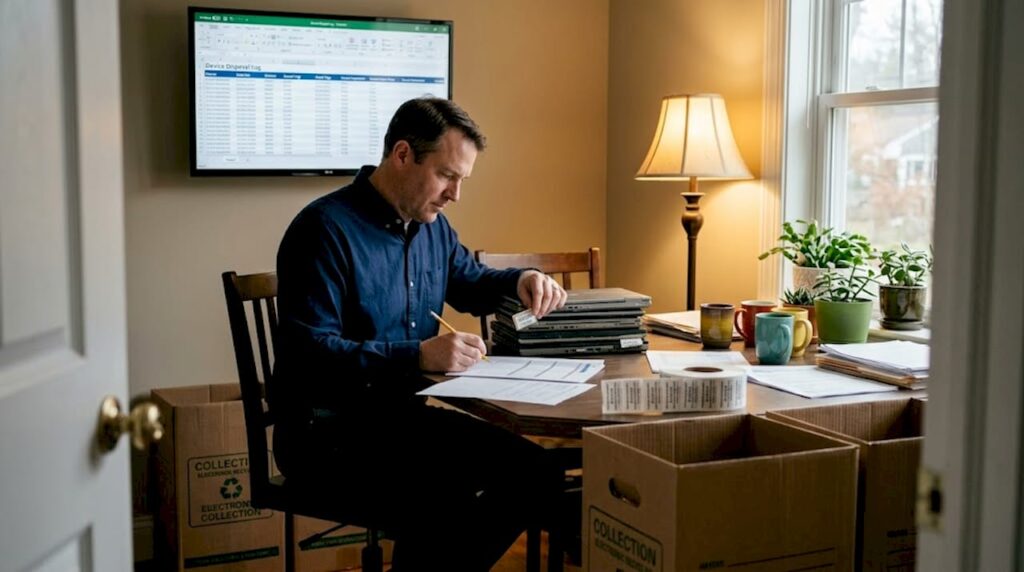 IT manager checks devices for recycling in office