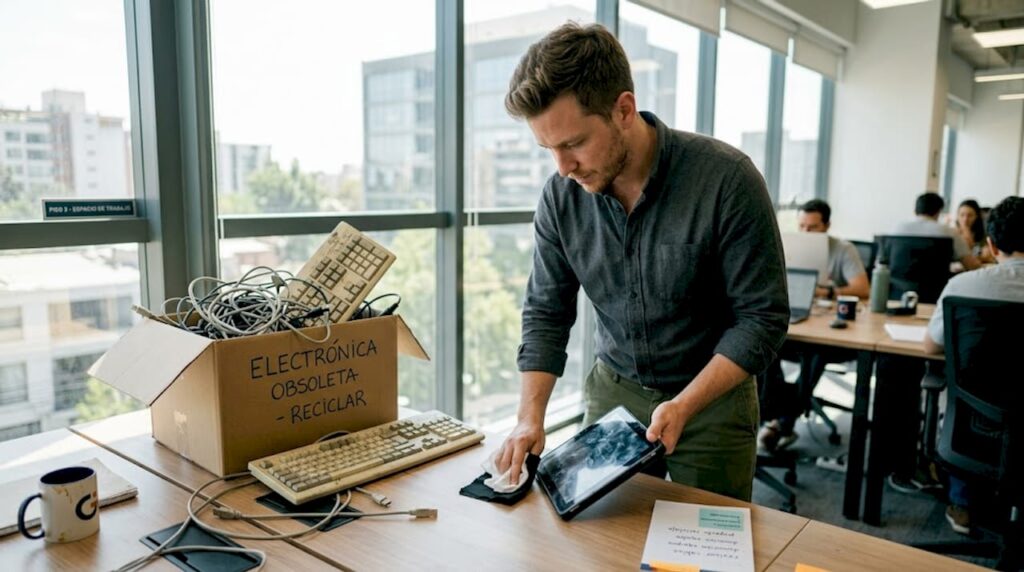 Un empleado organiza viejos equipos electrónicos en un rincón de la oficina.