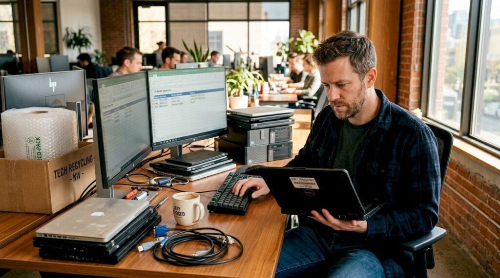 IT manager logging used electronics for recycling