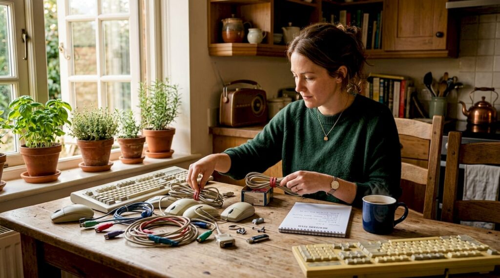 Sorting old electronics on kitchen table