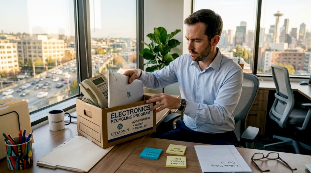 Office worker sorting electronics for recycling