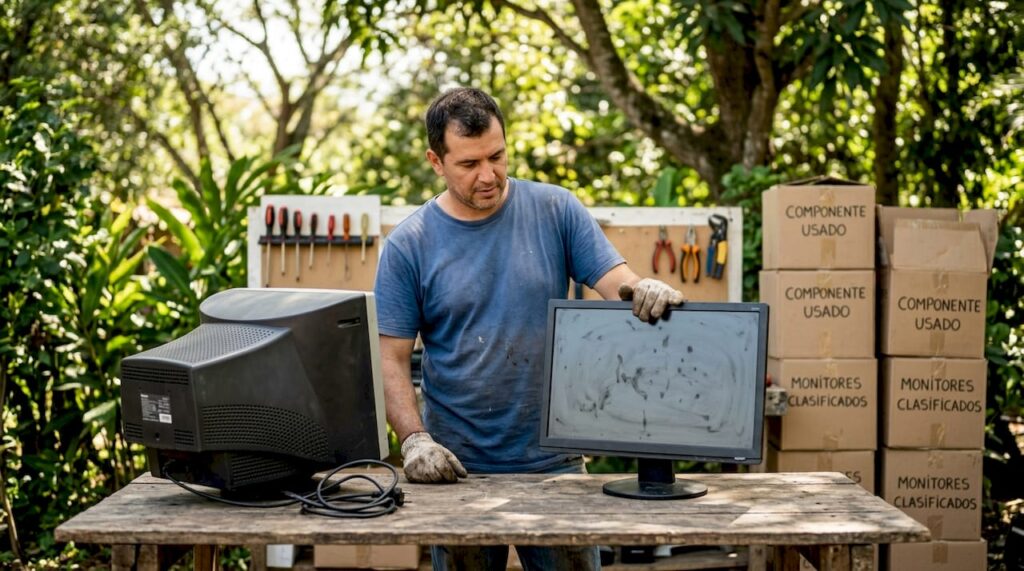 Especialista organizando monitores usados, tanto CRT como LCD, para su clasificación