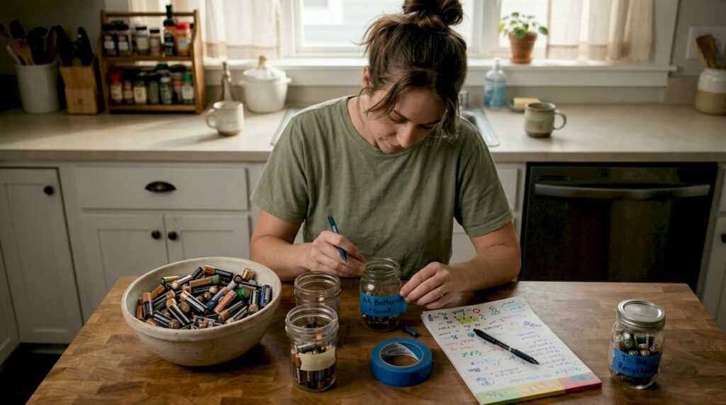 Woman sorting batteries at kitchen table